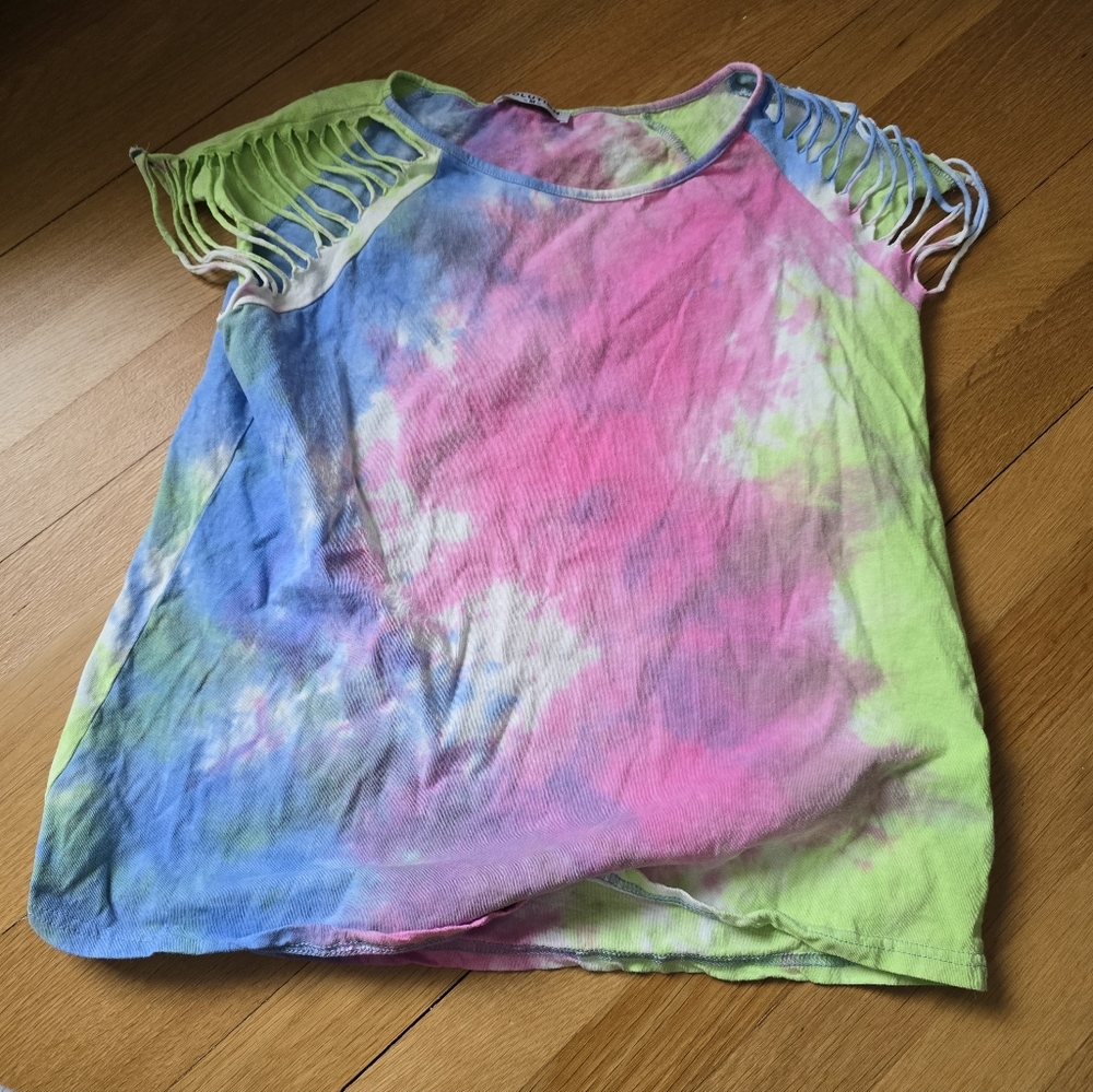 Solution Womens Tie-Dye Cutout Sleeve T-Shirt Sz M